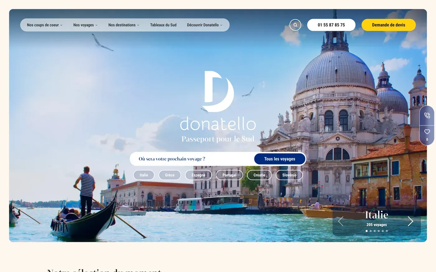 Page d’accueil de Donatello.fr présentant une destination en Italie et le moteur de recherche de voyages