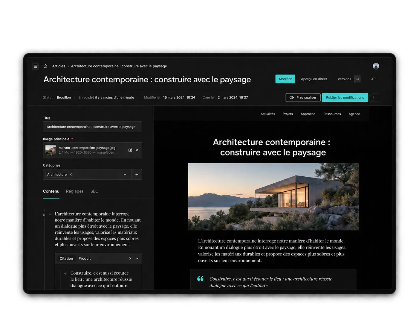Interface d’un CMS headless avec édition du contenu et prévisualisation en direct