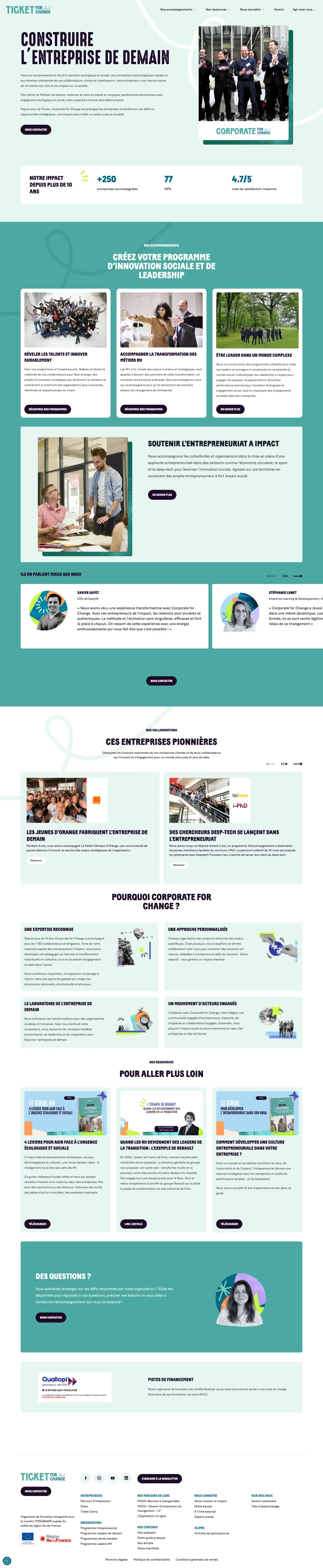 Page Corporate for Change avec programmes, témoignages, collaborations et ressources