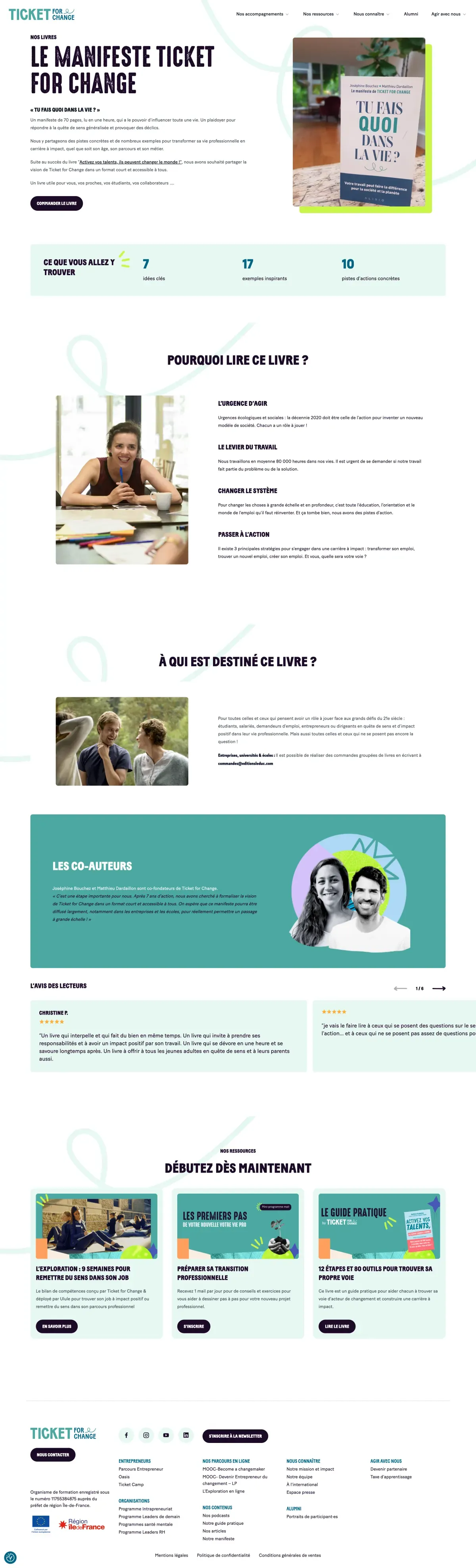 Page du livre Tu fais quoi dans la vie de Ticket for Change avec présentation, auteurs, avis et ressources